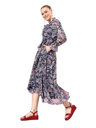 Image of Miss Chase Women's Multicolored-Base-Brown Relaxed Fit Maxi Lurex Chiffon Dress