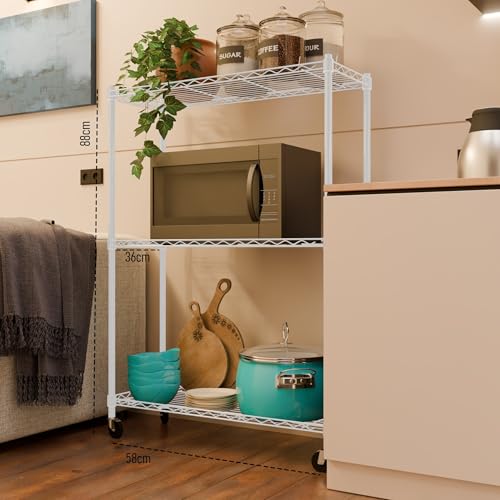 Image of 3-Shelves Wheels Heavy Duty Steel Storage Rack | Multipurpose Shelving Unit for Kitchen, Home & Utility | White, 3 Shelves Wheels