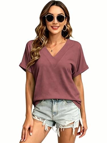Image of T Shirts Short Sleeve V Neck Tees Womens Tops Beach Vacation Fashion Clothes 2026 Casual Summer Spring Fall Outfits