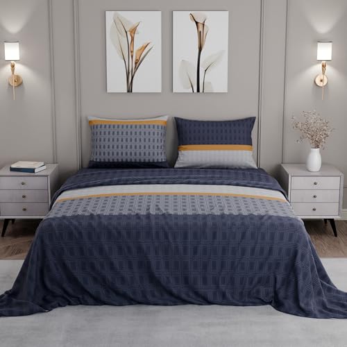Image of BLISSHOME SoftTouch 150TC Cotton King Size Printed Bedsheet with 2 Pillow Covers for Double Bed, Silky Smooth Bedding Set, Breathable, Easy Maintain, Geometric Pattern - Blue (228cm X 274cm)