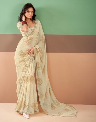 Image of SIRIL Women's Georgette Bandhani Printed, Embroidery Lace Saree With Unstitched Blouse Piece