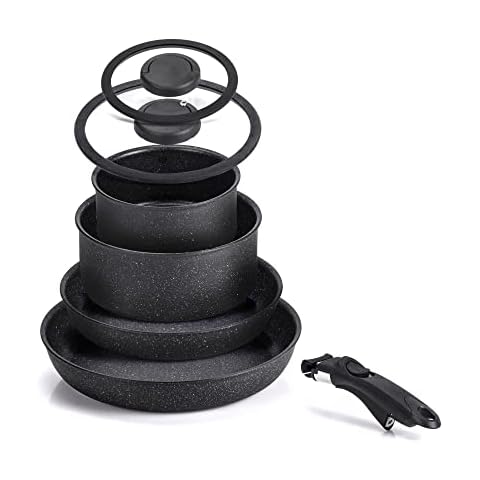 Moneta Etnea Minispace Batterie 7 Stück, bestehend aus 1 abnehmbarem Griff, Pfanne 24 und 28 cm, Kasserolle 16 und 20 cm, Glasdeckel aus Silikon Cover