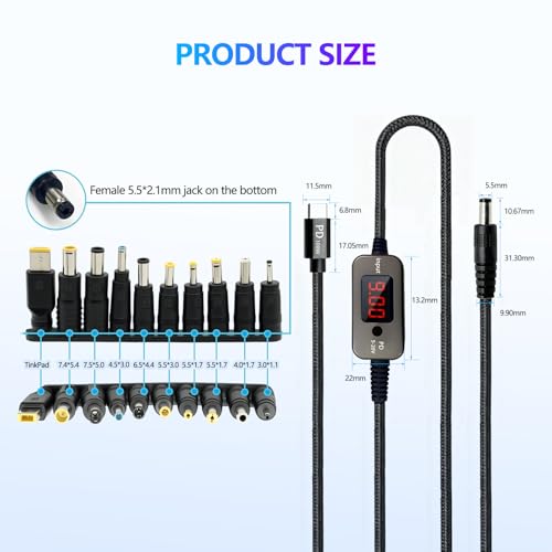 AYWHP 100W USB-C PD zu DC Adapter Kabel 5V 9V 12V 15V 20V einstellbar mit 10 DC Steckern 5.5x2.1mm Stecker, Zinklegierung Gehäuse & 1m Nylon Kabel kompatibel mit Laptop Router Monitor Kamera