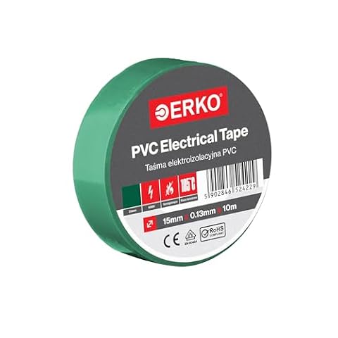 ERKO Taśma izolacyjna, zielona, 15 mm x 10 m, PCW, naprawa przewodów elektrycznych, super elastyczna, bardzo mocna przyczepność, odporna na chemikalia, uniwersalna