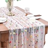 Camino de Mesa Flores de Tul, 72 x 300cm Camino Mesa con Margaritas Bordadas, Exquisito Table Runner Floral de Primavera para Fiestas, Bodas, Banquetes, Ideas de Bricolaje (Blanco)