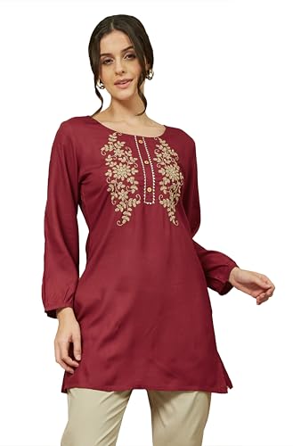 Image of Janasya Women's Maroon Rayon Embroidered Straight Short Kurti