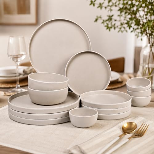 Image of MARKET 99 Minto Beige Melamine Dinner Set 14 Pieces, Matte Round Dinnerware with 6 Full Plates, 6 Quarter Plates, 6 Soup Bowls & 2 Serving Bowls, Food Safe & Refrigerator Safe
