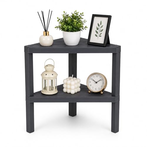 DIVCHI 2 Tier Corner Shelf Triangle Space-Saving Freestanding Shelving Unit | Storage Shelves | Display Rack | Bookcase | Kitchen Stand | Living Room Organiser | Bedroom Bookshelf (Black)