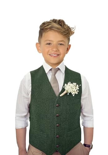 Boys' Formal V-neck Suit Vest 5-button Wool Blend waistcoat with Adjustable Back Strap