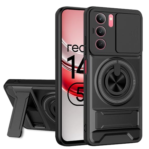 Image of AESTMO Realme 14X / P3X / C75 / Narzo 80X 5G Back Cover |Armor Camera Slider 360 Degree Rotating Finger Ring Holder Case with Bracket Stand Back Case Cover (Compatible with MagSafe Accessories)(Black)