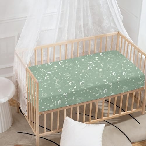 Image of Stars Baby Crib Sheets for Boys Girls Moon Fitted Crib Sheet for Standard Crib and Toddler Mattress Green Baby Mattress Sheets Toddler Bed Sheet 52x28x8 in