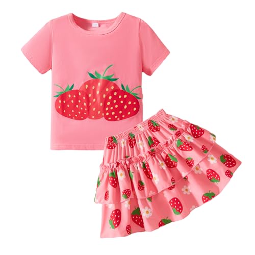 Image of Little Girls Skirt Set - 2 Piece Short Sleeve Top Shirred Tiered Skirt Outfit Girls Spring Summer Clothes 3-8 Years
