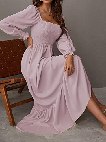Wdirara Women's Square Neck Flounce Shirred Ruffle Hem Elegant Long Sleeve Maxi Dress Dusty Pink L #TOP3