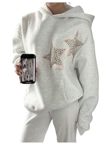 RoseSeek Women's Leopard Star Oversized Hoodies Long Sleeve Baggy Hooded Sweatshirt Pullover with Pockets Light Grey X-Small