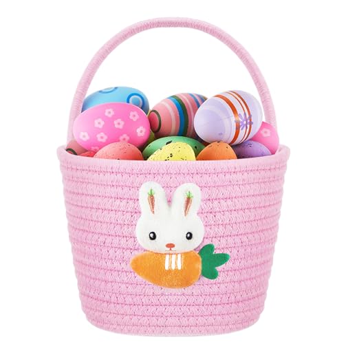 Image of Domensi 1 Pcs Empty Easter Basket for Eggs Hunt Small Bunny Basket with Handle Soft Cotton Rope Woven Gifts for Candy Easter Days Decoration Party Holidays (Pink)