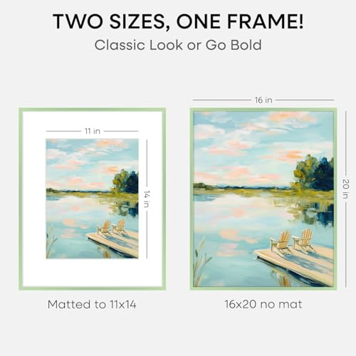 Image of Homeforia 16x20 Sage Green Picture Frame, High End Metal 16x20 Poster Frame with Mat 11x14 inch Photo, 16 x 20 Sage Green Frame Matted to 11 by 14 Art, 20x16 Frame, Tempered Glass, Wall Kit, Set of 2