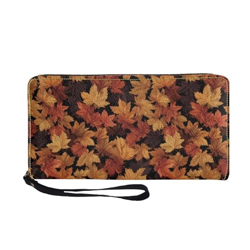 Fall Ladies Long Wallet for Credit Card,Cash,Coin,Bill,Vintage Maple Leaf Print Zip Around PU Leather Clutch Wallet Stylish Waterproof Wristlet Purse for Travel Shopping Work