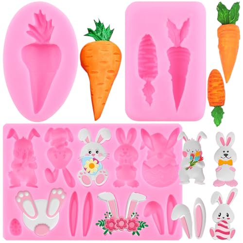 Mujiang Easter Rabbit Fondant Molds Bunny Carrot Silicone Mold Set Of 3