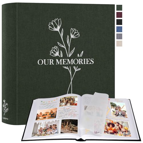 Lanpn Our Memories Large Linen DIY Photo Album, 160 White Pages with Cellophane Dividers, for Photos 9 x 13, 10 x 15, 13 x 18 cm (Green, 30 x 33.5 cm)