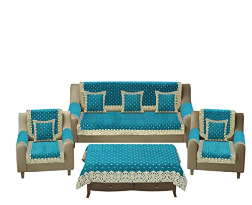 Image of Premium 5 Seater Printed Velvet Sofa Cover Set With Arm Covers & Cushion + Table Cover,3,1,1 Seater 16 Pcs Sofa Back Slip Panels,Premium Stylish Slip Cover Protector Sky Blue(Pack Of 18)
