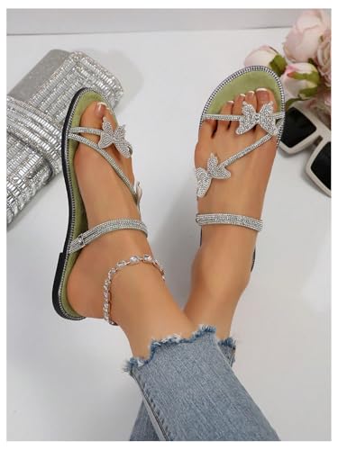 Image of OYOANGLE Women's Silver Rhinestone Sandals Sparkly Dressy Flat Sandals