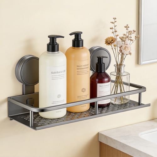 YancLife Suction Shower Caddy - Grey Suction Cup Shower Organiser No Drilling Storage Basket for Spice Jars and Shampoo Wall Mounted Bathroom Shelf for Kitchen Living Room Bedroom Office