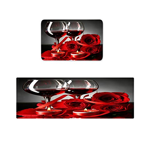Goodbath Kitchen Rugs, Rose Red Wine Romantic Lovers Non Slip Kitchen Rug Set 2 Piece, Bathroom Mats Floor Carpet, 16” X 48” And 16” X 24”, Red Black #TOP18