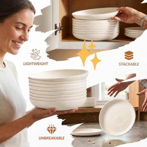 Image of Homienly Wheat Straw Dinner Plates Set of 8, Unbreakable, Dishwasher & Microwave Safe, Modern Style, 9 inch, Beige