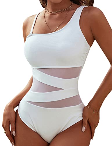Blooming Jelly Women's Sexy One Piece Bathing Suits Slimming One Shoulder Swimsuits White Mesh Swimwear (Medium, White)
