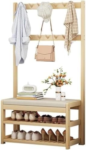 Meuble d'entrée marron anti-désordre avec étagère à chaussures et 10 crochets de rangement