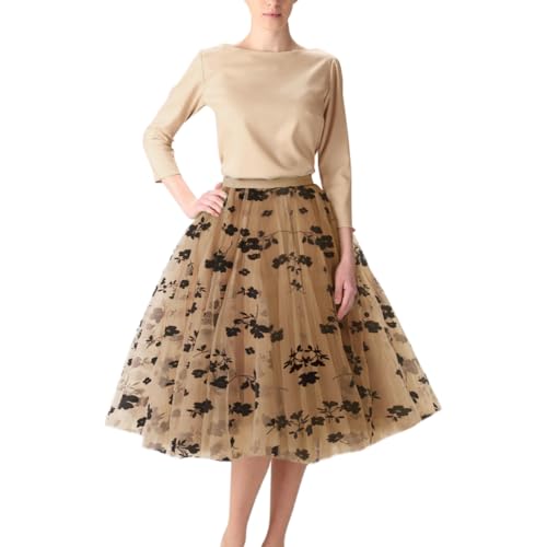 WDPL Women's Short Knee Length Night Out Bridal Tulle Skirt (Khaki-3d Posy, Large)