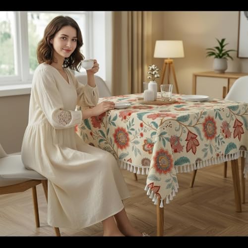 Image of Amazon Brand - Umi Microfiber Cotton Table Cloth Pack of 2 for 4-Seater Dining Table | 45 x 60 Inch Rectangular Printed Table Cover with Tassels | Washable, Durable,Reusable Dining Table Cover