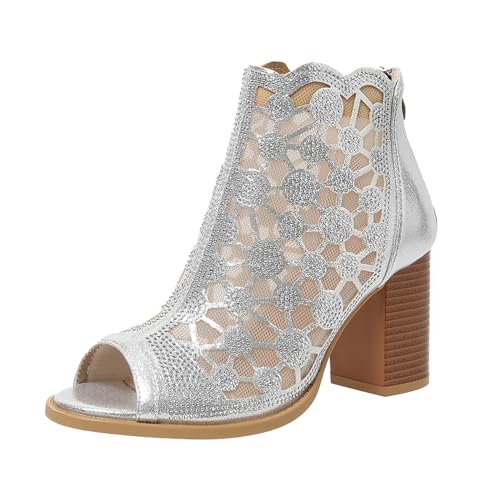 Sandales strass haut de gamme avec talons carrés et maille mesh