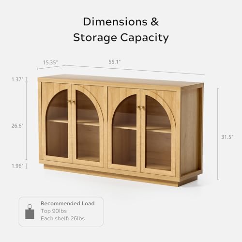 EYYTHUNG Storage Cabinet with 4 Doors, Arched Sideboard Buffet Cabinet with Adjustable Shelves, Accent Display Cabinet with Acrylic Door for Living Room, Entryway, Dining Room, Natural Oak - Image 2