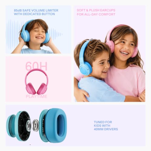 Image of boAt Sailor Play Wireless Kids Headphone w /85dB Volume Limiter, 40mm Driver Tuned for Kids, Soft & Plush Earcups, Lightweight & Durable Build, Adaptive Fit, 60H Battery, Bluetooth v5.4 (Shark Blue)
