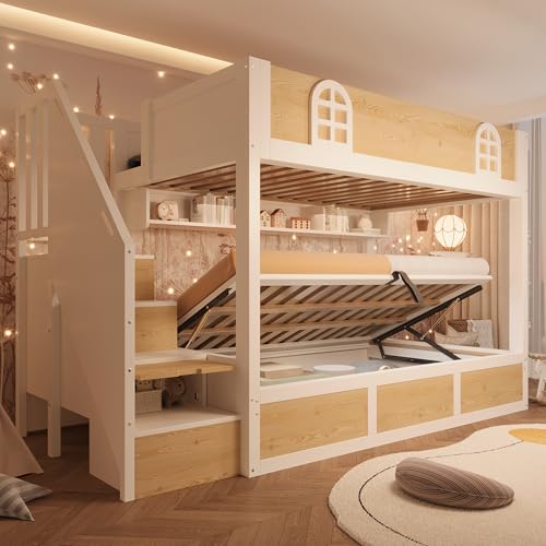 Ktipm Litera de 90x200 cm Cama Infantil con Almacenamiento Hidráulico y Escalera Almacenaje, Cama Litera Matrimonio con Estante y Barandilla Anticaída, Literas, Sin Colchón, Natural+Blanco