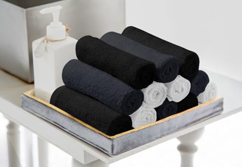 Image of Avalon Towels Salon Towel - Black, Grey and White Hand Towels Bulk Pack of 24 - 100% Cotton Absorbent Spa, Facial & Gym Towel for Working Out - 16x27 Inches (Not Bleach Proof)