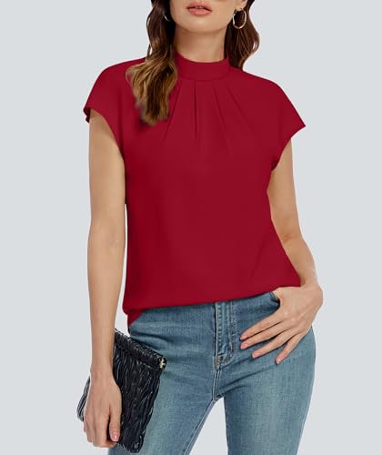 Image of Funlingo Womens Summer Tops Mock Neck Short Cap Sleeve Blouses Business Casual Work Chiffon Shirts Front Pleated Tunic Top
