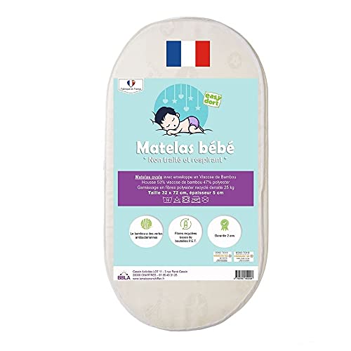 TINÉO Matelas Landau / Couffin Bébé 32x72x4 Cm - Mousse 16 Kg/m³, Déhoussable, Sans Traitement, Made In France