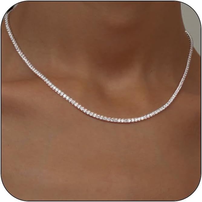 Bolusice Adjustable Tennis Necklaces for Women Dainty 18K Gold Plated Cubic Zirconia Tennis Chain Sparkly Bling Diamond Necklace Simple Elegant Necklaces for Women
