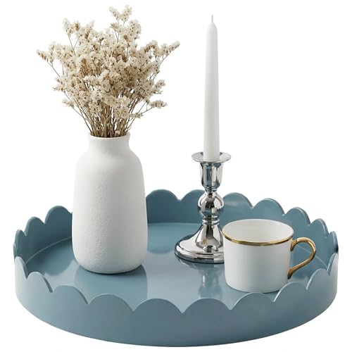 Gesodant 13 Round Scalloped Decorative Tray for Coffee Table Decor Candle & Perfume Tray Dining Table Centerpiece & Aromatherapy Candle Display Modern Glossy Lacquer Look (Light Blue)