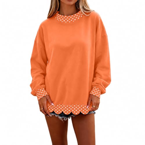 Mock Neck Sweatshirt Women Scalloped Edge Patchwork Polka Dot Pullover