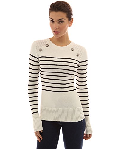 PattyBoutik Women Crewneck Striped Military Sweater (Ivory and Black X-Large) - Thumbnail 4