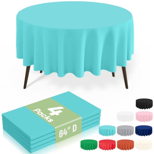 Image of 4 Packs Disposable Plastic Table Cloth, 84 inch Round Waterproof Tablecloth, Leakproof & Sturdy Decorative Table Covers for Picnic, Party, Outdoor and Back to School, Teal