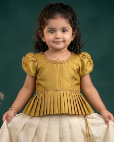 Image of Stanwells Kids Baby Girl Dress Cream Gold Pattu Pavadai Cotton Silk Lehenga Choli Kerala Kasavu South Indian Onam Festival Traditional Ethnic Wear