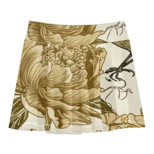 Vintage Bird Peonies Girls' Shorts Athletic Skorts Toddler Tennis Skirts Floral School Skirt 3t