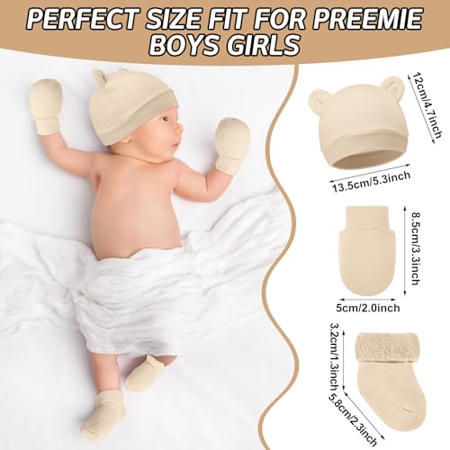 Geyoga 8 Pack Preemie Hats, Mittens and Socks Set - Cotton Preemie Caps, No Scratch Mittens, Warm Terry Socks for Baby Gifts2