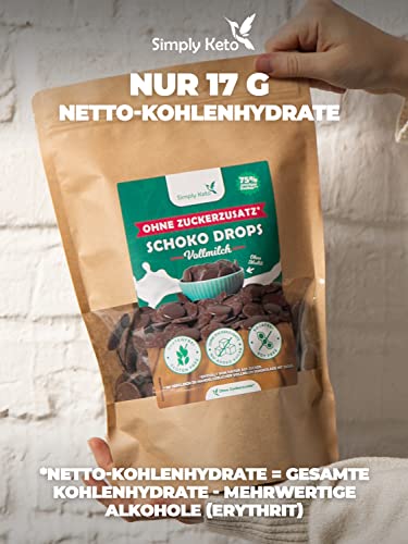 Simply Keto Lower Carb* Schokodrops ohne Zuckerzusatz (200g) - Vollmilch Schoko Drops zum Naschen oder Backen - Gesüßt mit Erythrit statt Zucker - Ideal für Low-Carb & Ketogene Ernährung