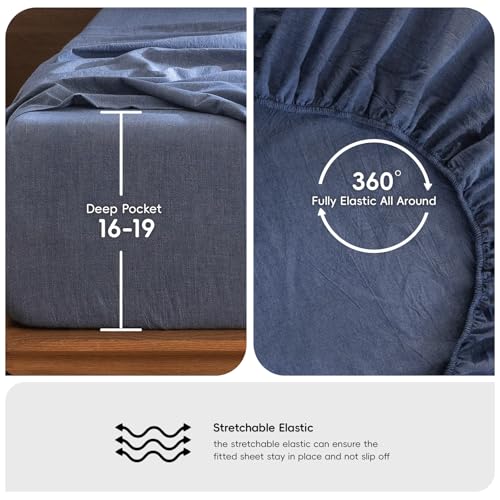 Image of MooMee Bedding Sheet Set 100% Washed Cotton Linen Like Textured Breathable Durable Soft Comfy (Heathered Blue, Twin)