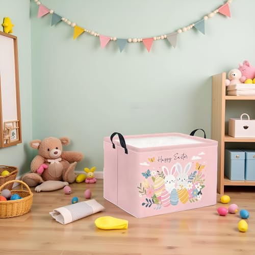 Image of Rectangular Easter Basket for Home Kitchen Baby Girls Basket Cute Storage Bin Organizer Shelf Book Room Decor(Pink Easter)